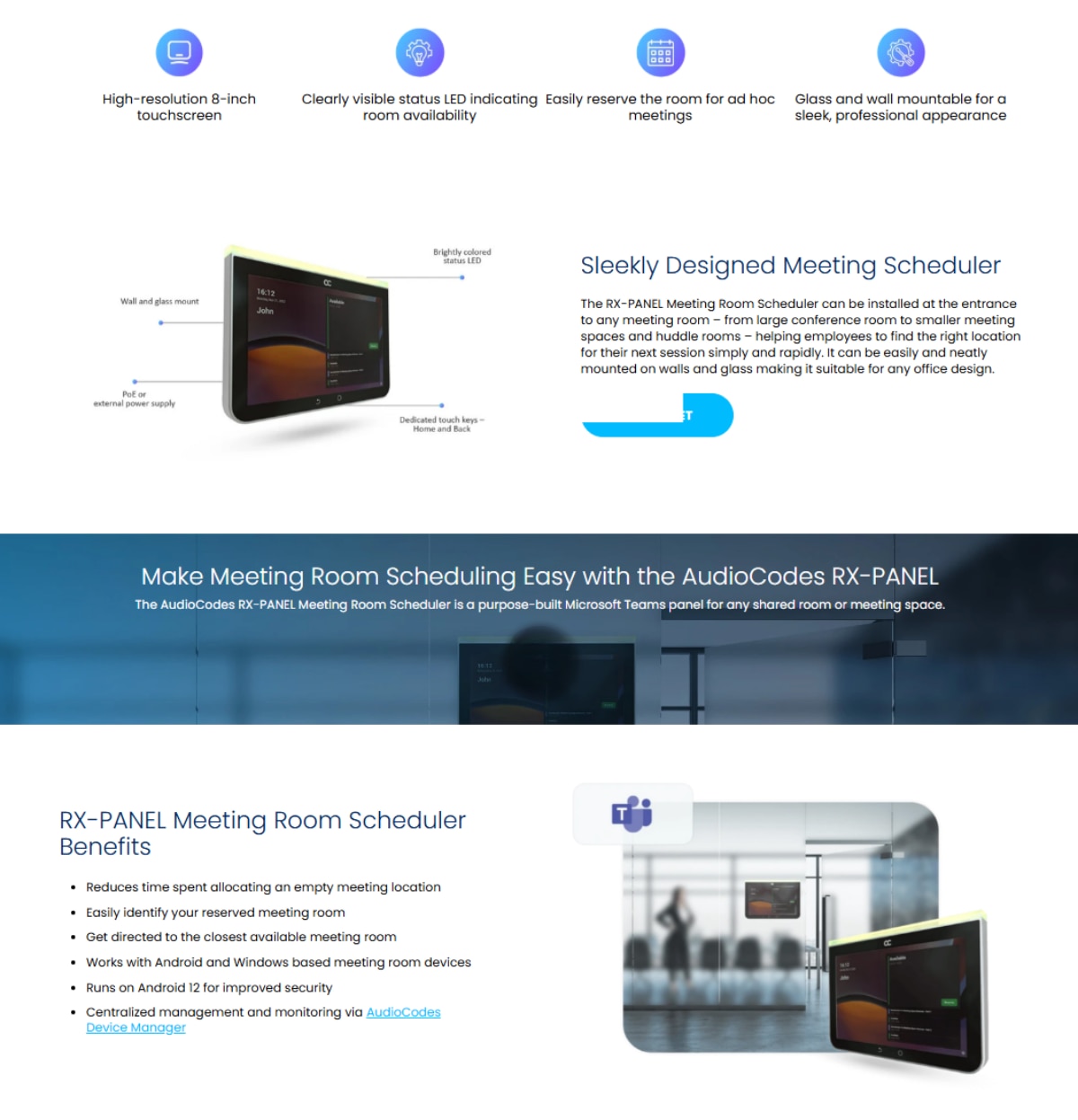 Audiocodes Rx Panel AudioCodes TEAMS-RX-PANEL Touch Scheduler for Microsoft Teams Rooms